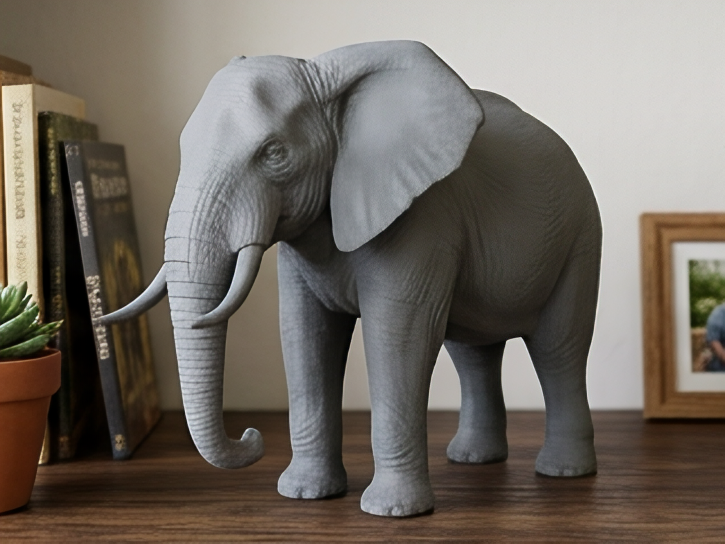 Elephant Sculpture 3D Print | Wildlife Decor Model | Large Display Animal | Gold Grey PLA | 250mm Elephant Figurine Gift