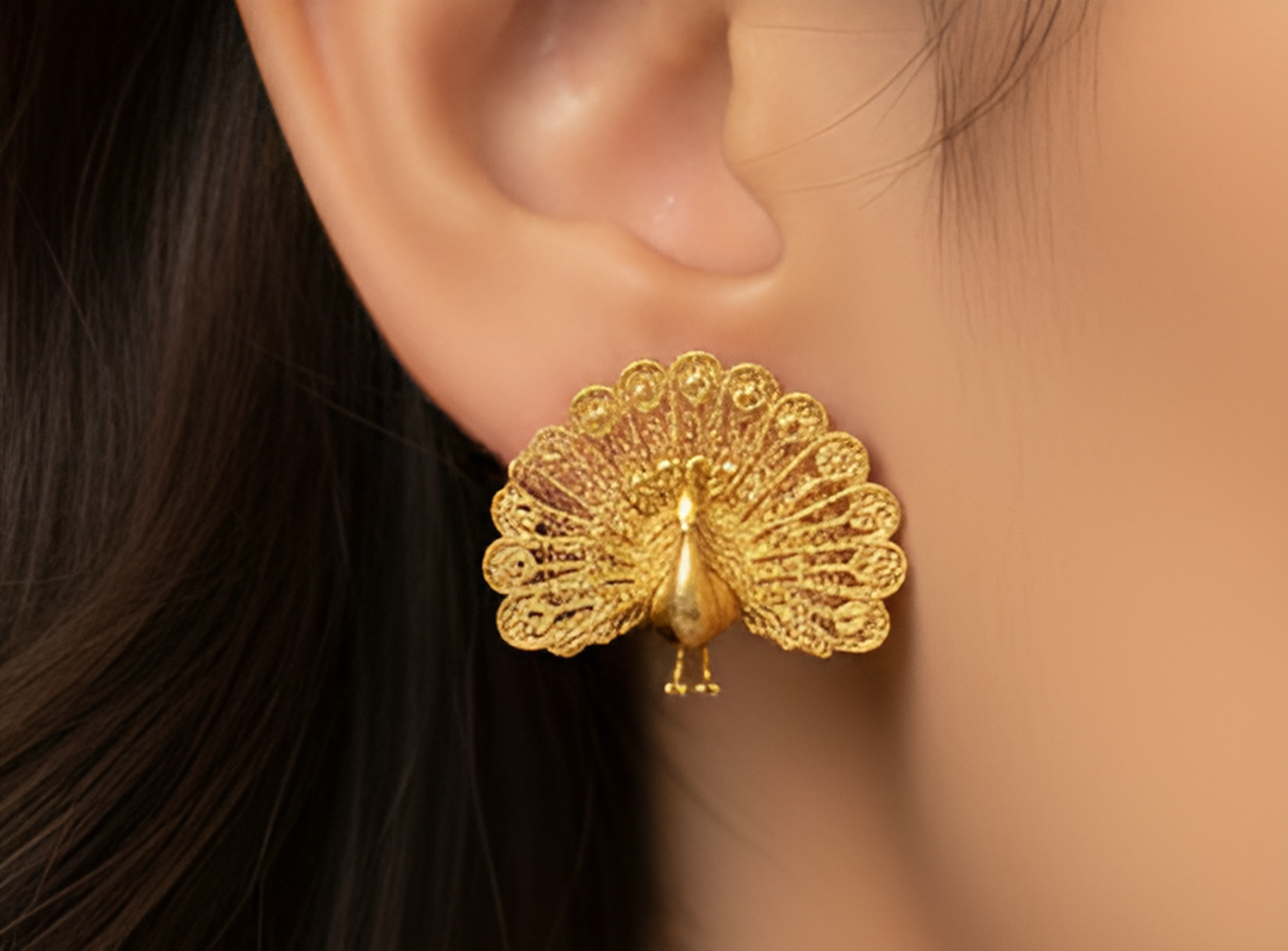 Peacock Stud Earrings in 9K gold by MokshaGoldSculptures—statement fan tail studs with an elegant finish.