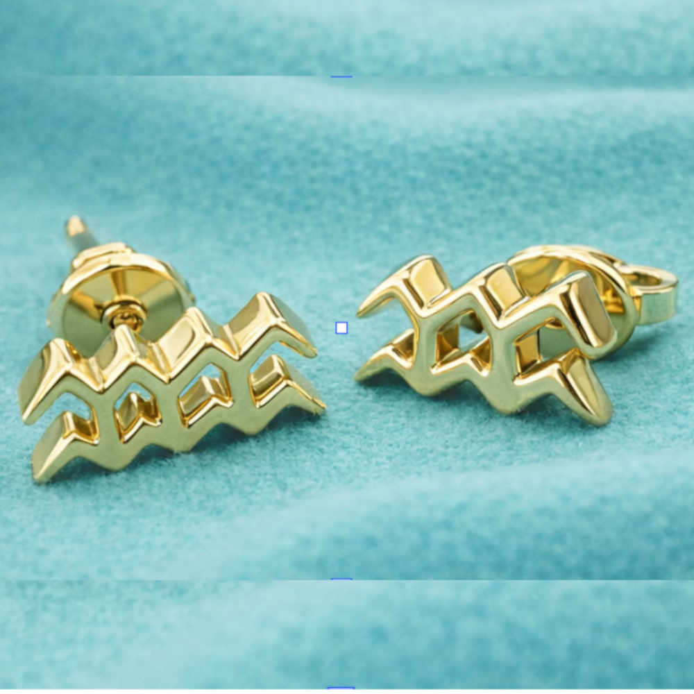 Aquarius Symbol Stud Earrings in Silver and Polished brass | Minimal Zodiac Earrings