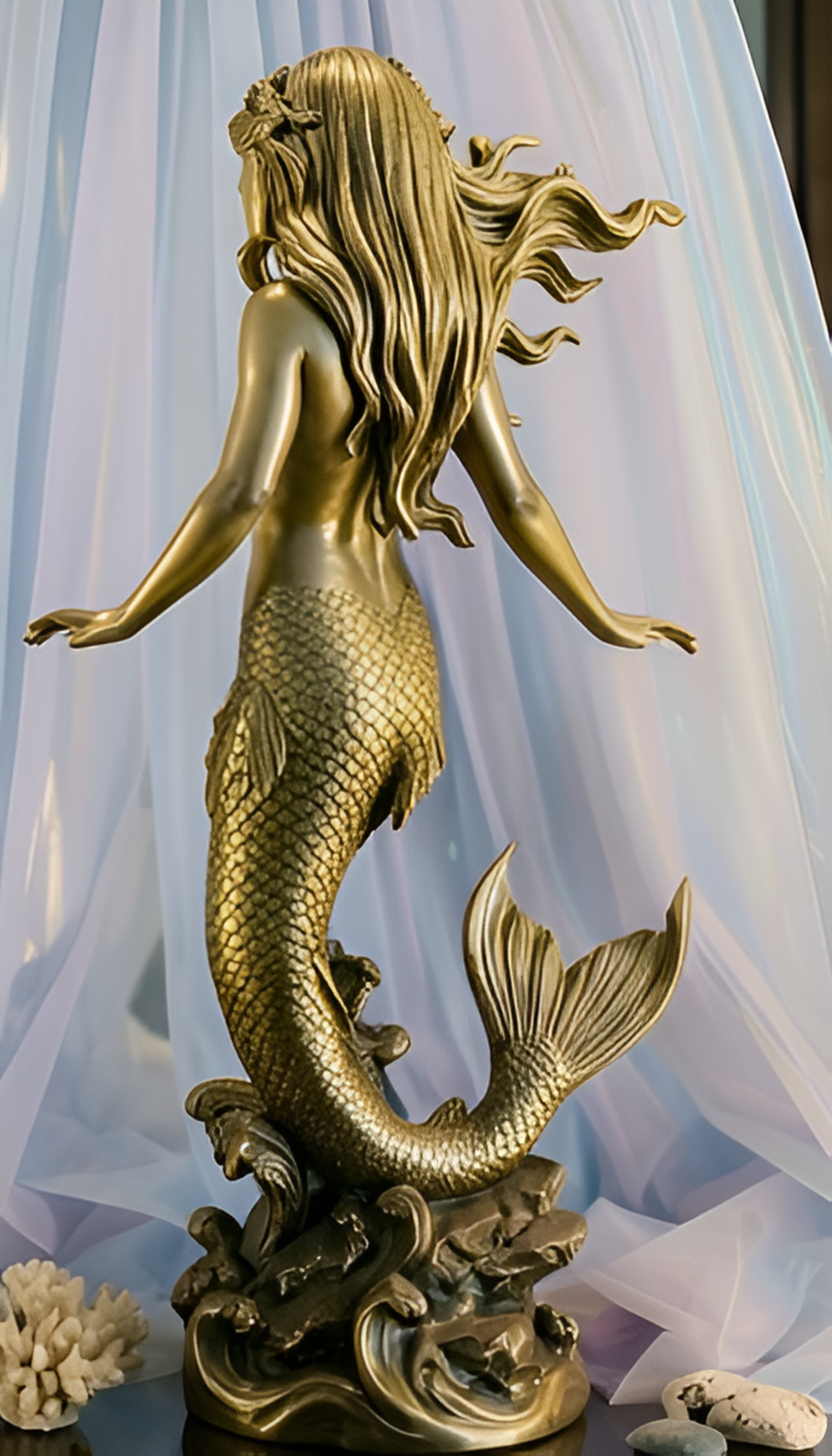 The Golden Mermaid Statue 150mm in gold finish by MokshaGoldSculptures, mermaid on waves with flowing hair and tail.
