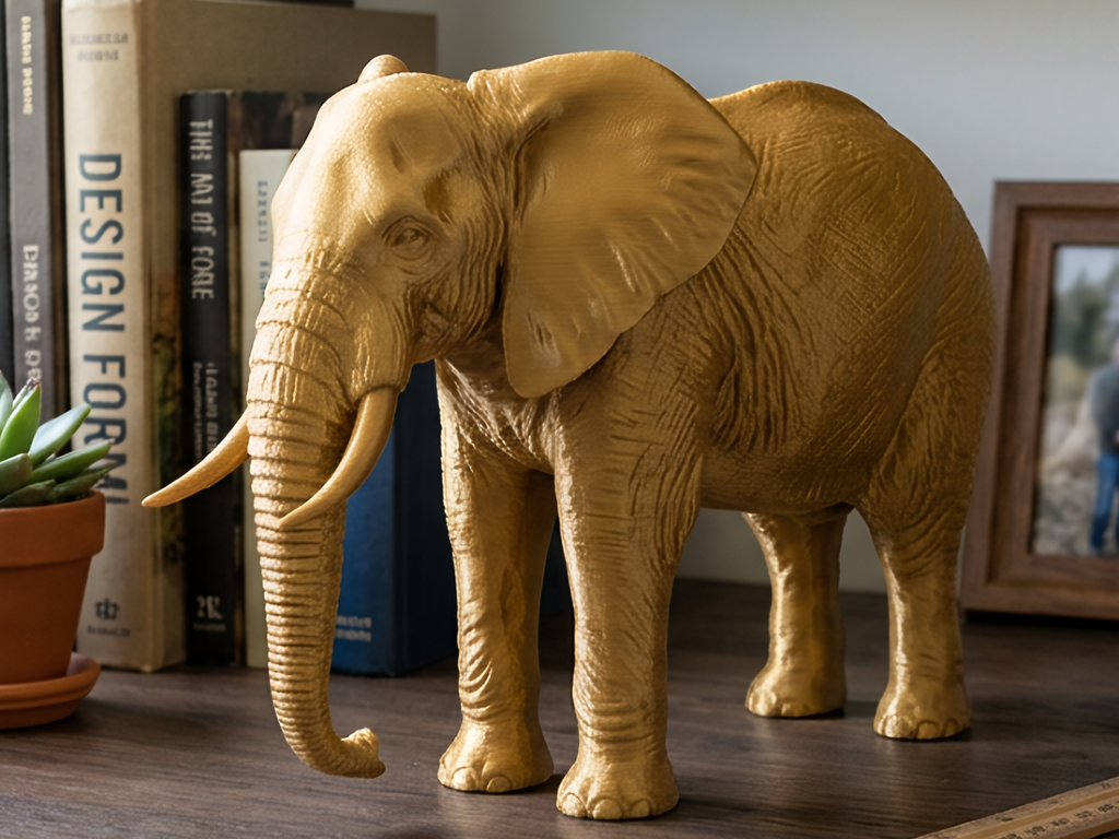 Elephant Sculpture 3D Print | Wildlife Decor Model | Large Display Animal | Gold Grey PLA | 250mm Elephant Figurine Gift