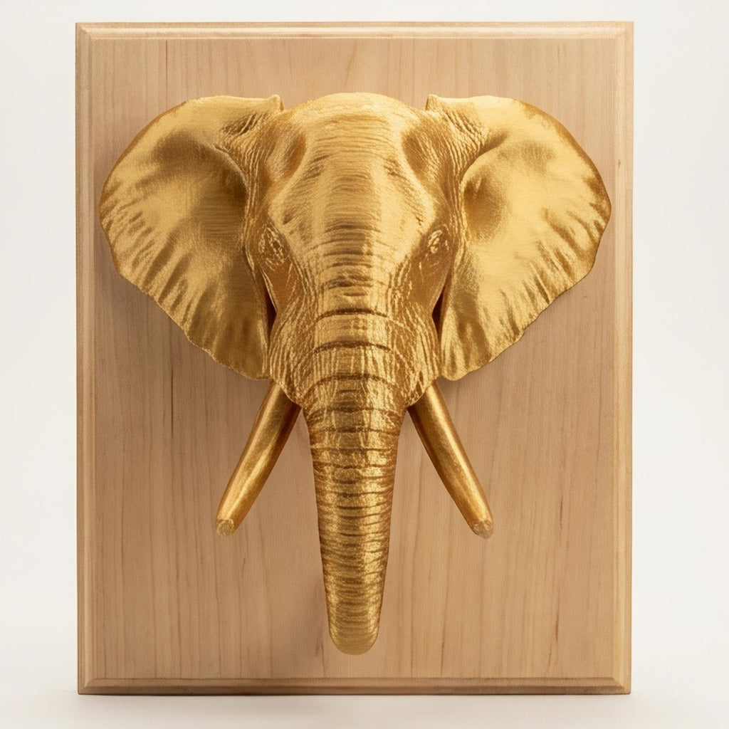 Elephant Wall Mount 3D Print | PLA Gold Sculpture | Wildlife Wall Decor | Large 250mm Statement Piece | Elephant Head Art