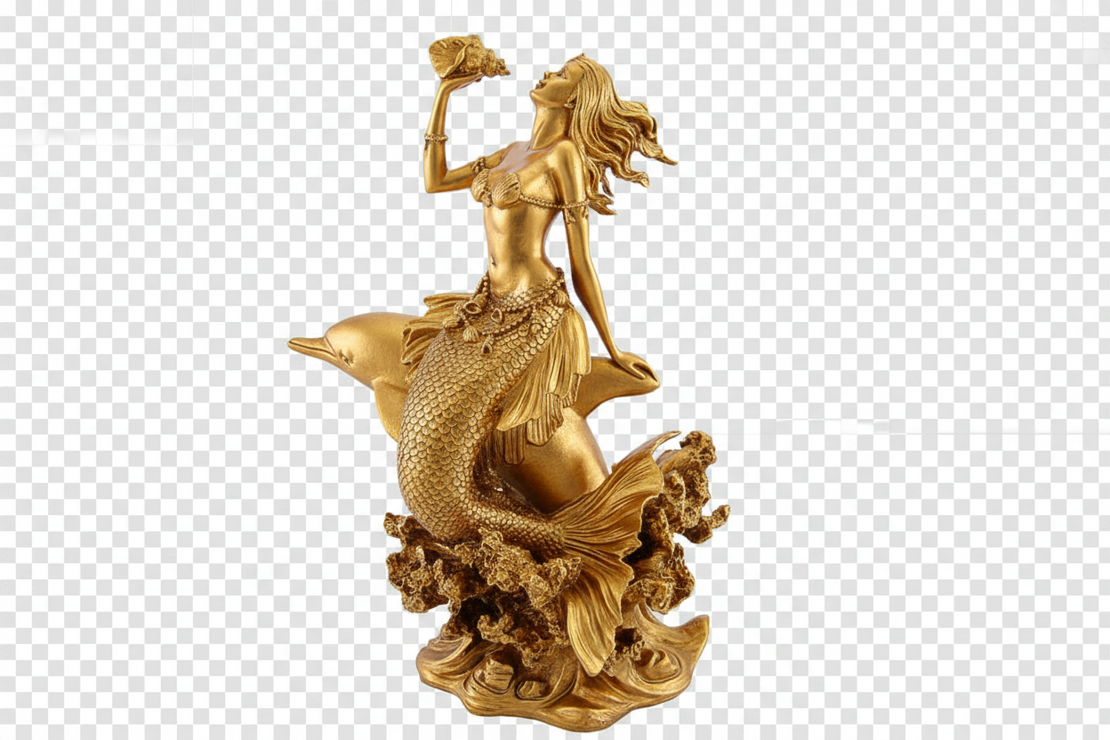 Golden Mermaid with Dolphin and Konch Shell PLA by MokshaGoldSculptures, fantasy gold-tone finish collector's statue.