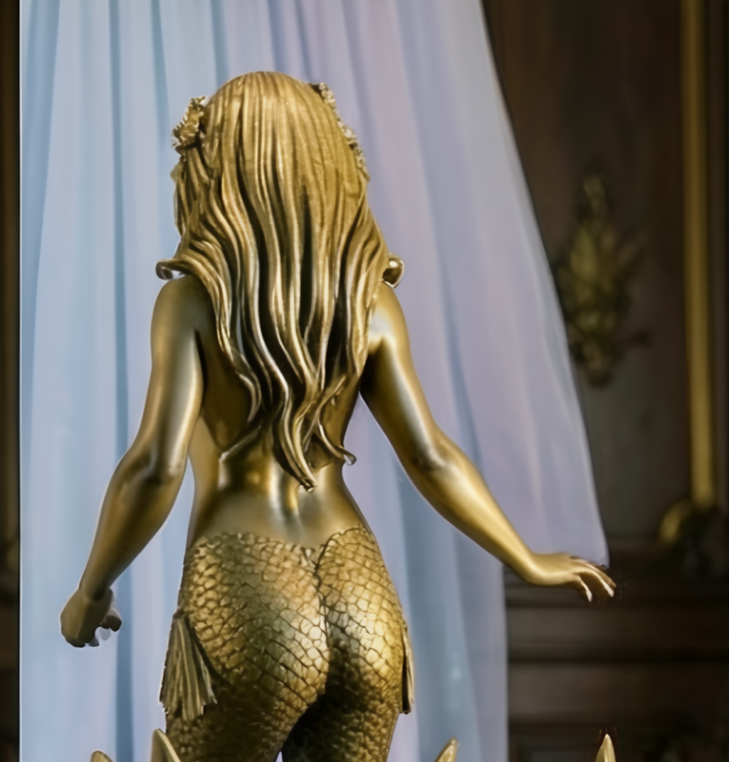 The Golden Mermaid Statue 150mm in gold finish by MokshaGoldSculptures, elegant ocean-inspired 3D printed decor.