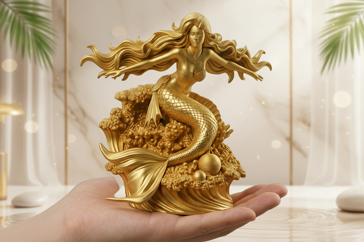 Golden Mermaid Statue 250mm | 3D Printed Mermaid Sculpture | Ocean Fantasy Decor | Coastal Figurine | Desk Display Art | Mythical Sea Goddess Gift