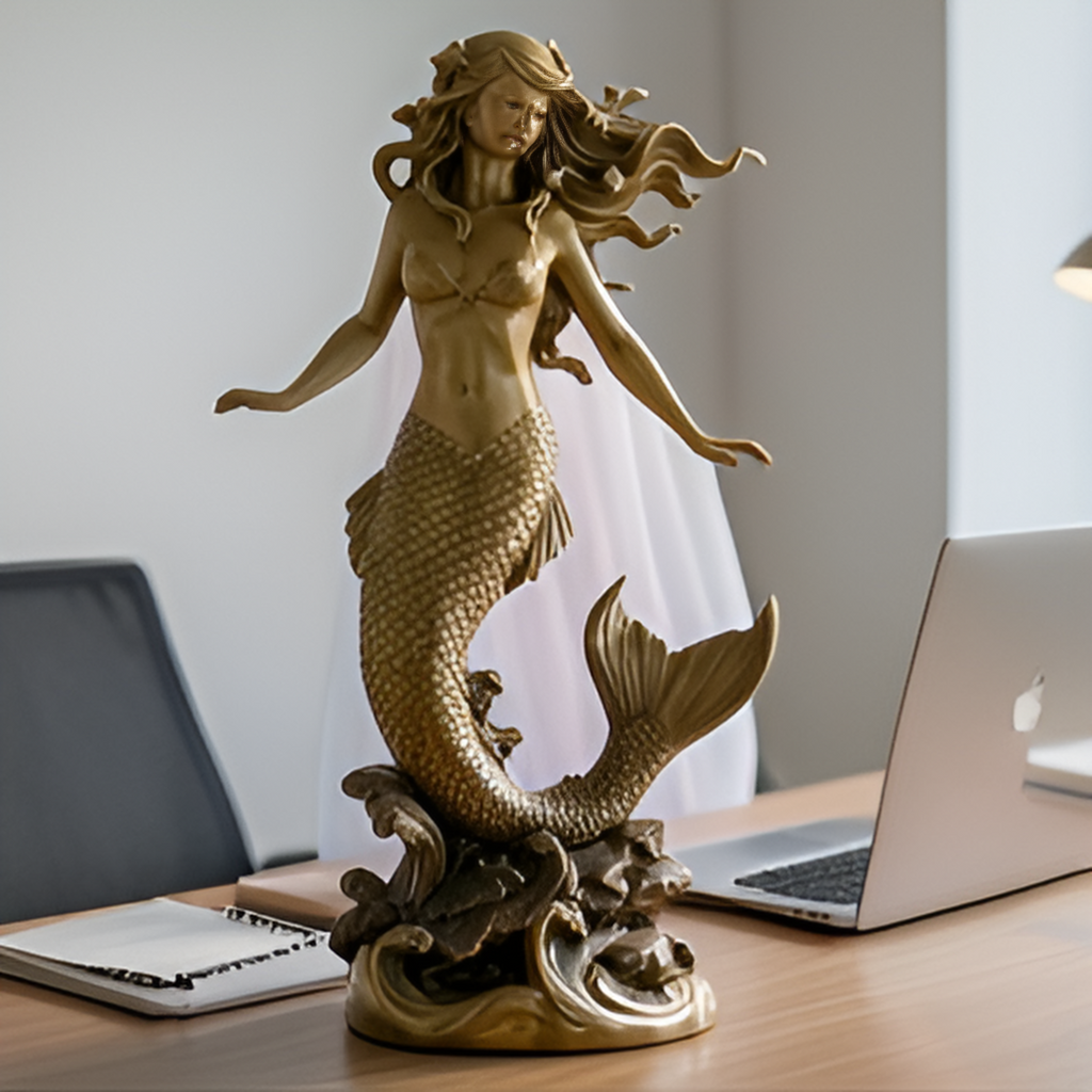 The Golden Mermaid Statue 150mm in gold finish by MokshaGoldSculptures, elegant ocean-themed jewelry decor.