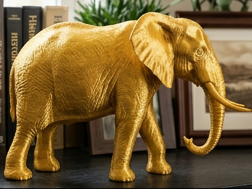 Elephant Sculpture 3D Print | Wildlife Decor Model | Large Display Animal | Gold Grey PLA | 250mm Elephant Figurine Gift