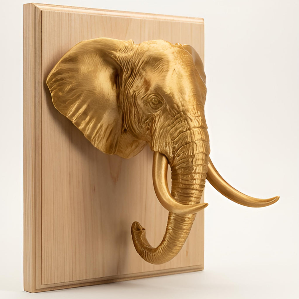 Elephant Wall Mount 3D Print | PLA Gold Sculpture | Wildlife Wall Decor | Large 250mm Statement Piece | Elephant Head Art