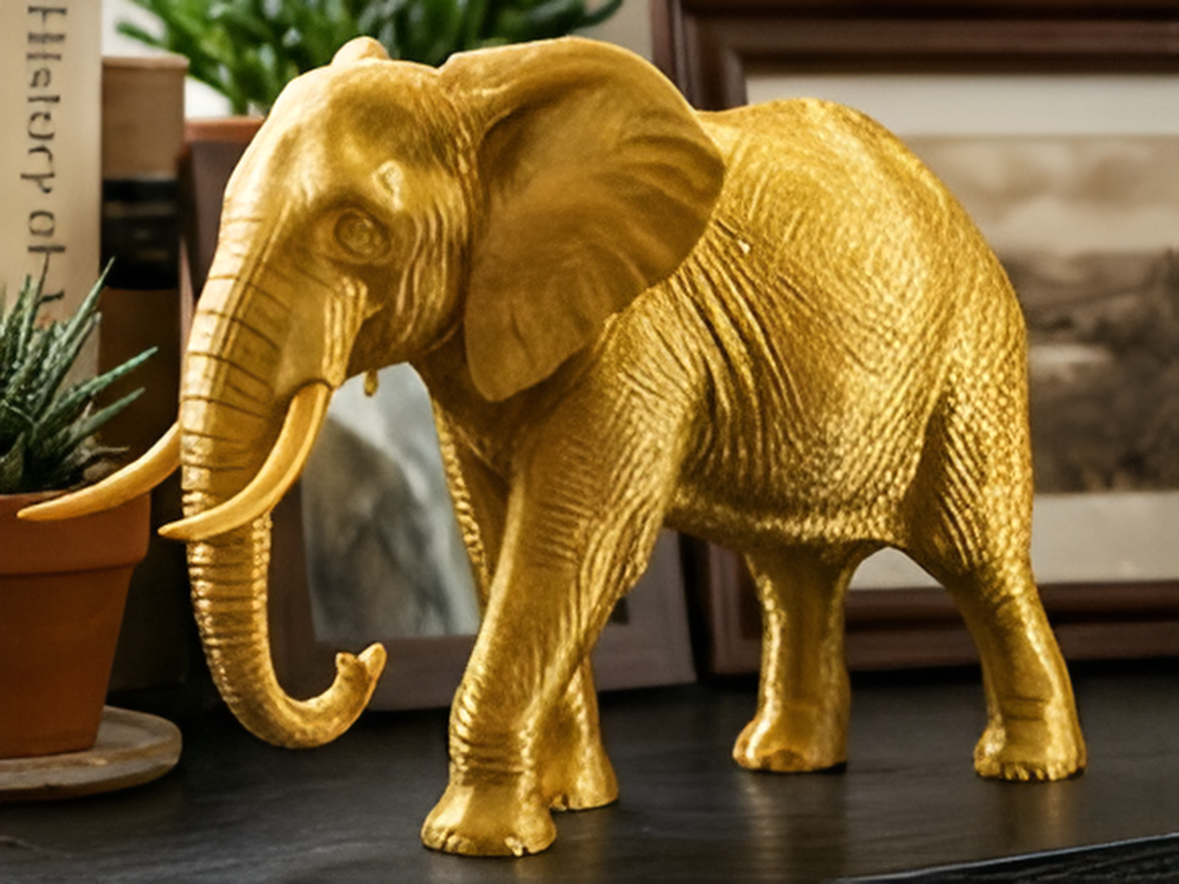Elephant Sculpture 3D Print | Wildlife Decor Model | Large Display Animal | Gold Grey PLA | 250mm Elephant Figurine Gift