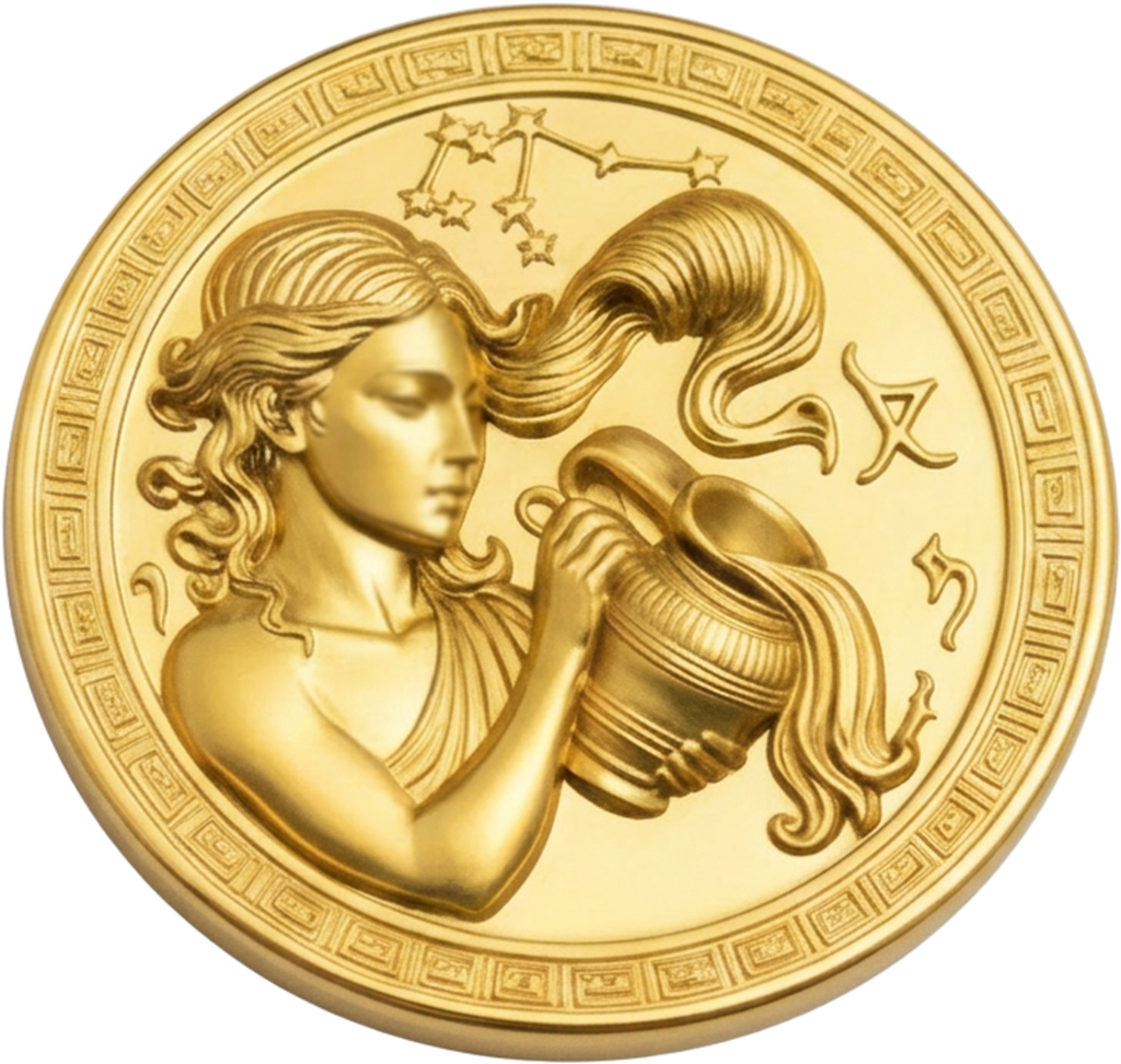 Aquarius Zodiac Medallion Necklace, 25mm Water Bearer Pendant, Greek Astrology Coin Necklace, 9K Gold, Sterling Silver or Yellow Brass, Zodiac Birthday Gift
