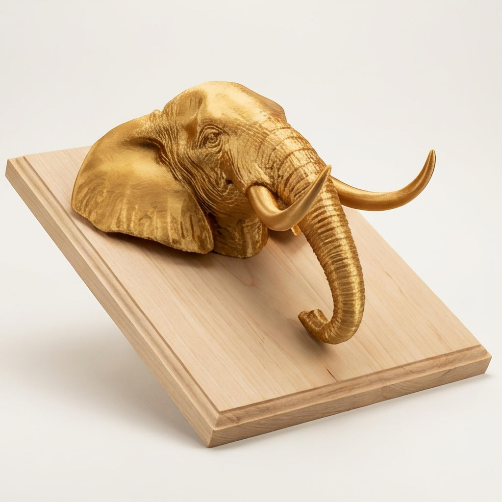 Elephant Wall Mount 3D Print | PLA Gold Sculpture | Wildlife Wall Decor | Large 250mm Statement Piece | Elephant Head Art
