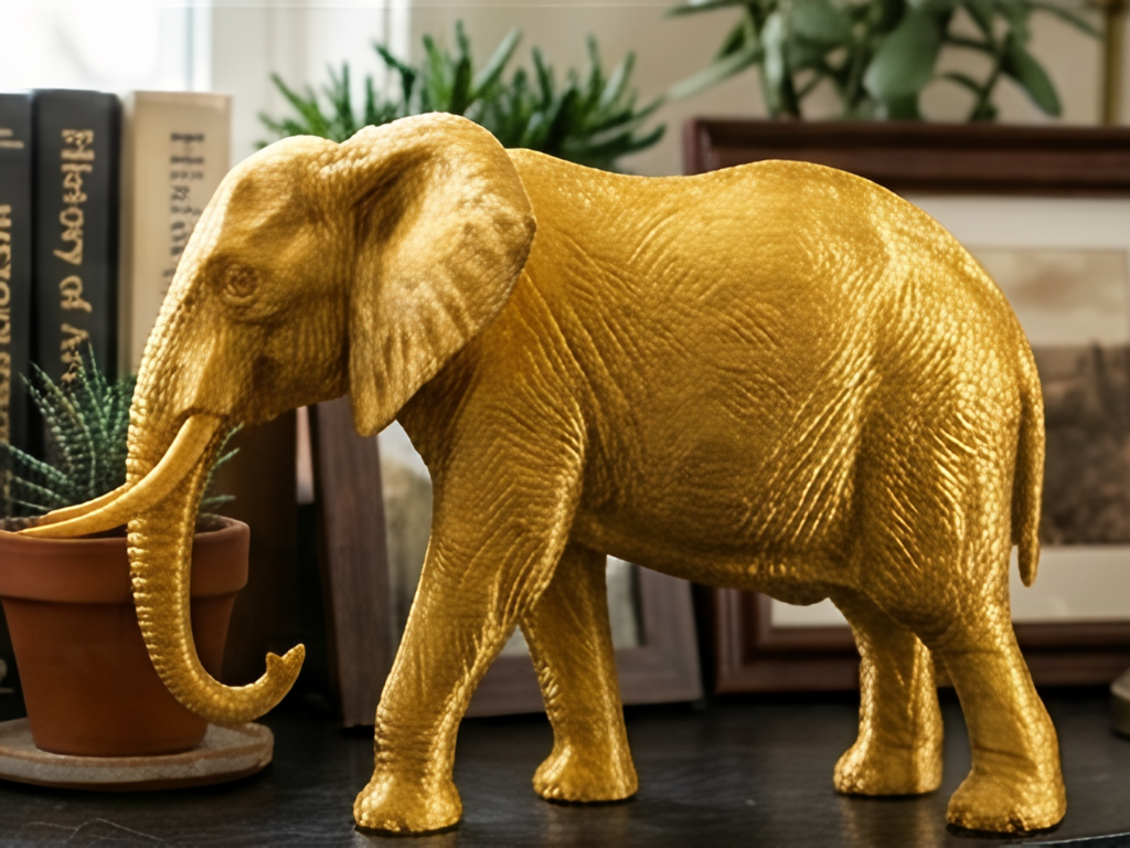 Elephant Sculpture 3D Print | Wildlife Decor Model | Large Display Animal | Gold Grey PLA | 250mm Elephant Figurine Gift