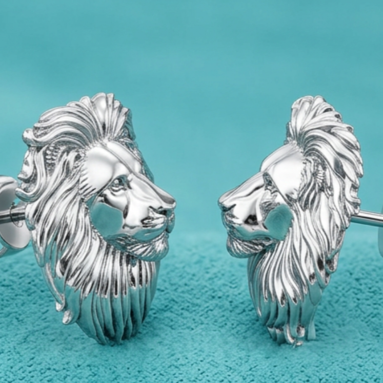 Lion Head Stud Earrings 15mm Polished Silver / Polished Brass Statement Animal Jewelry Unisex Handmade Stud Earrings