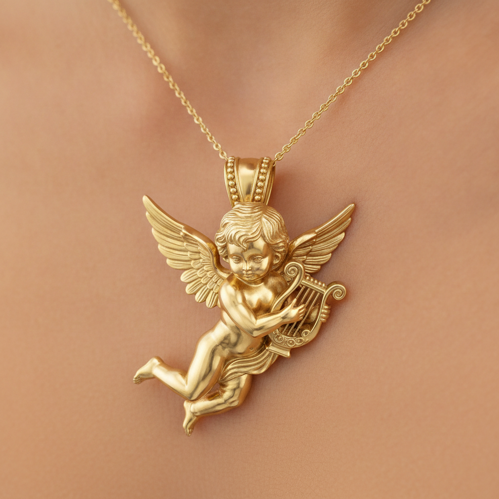 Golden Cherub Harp Pendant Necklace, Guardian Angel Jewelry, 9K Gold Angel Pendant, Sterling Silver Cherub Necklace, Religious Gift