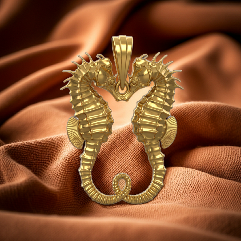 The Seahorse Couple Pendant Necklace in gold, silver, and brass by MokshaGoldSculptures.