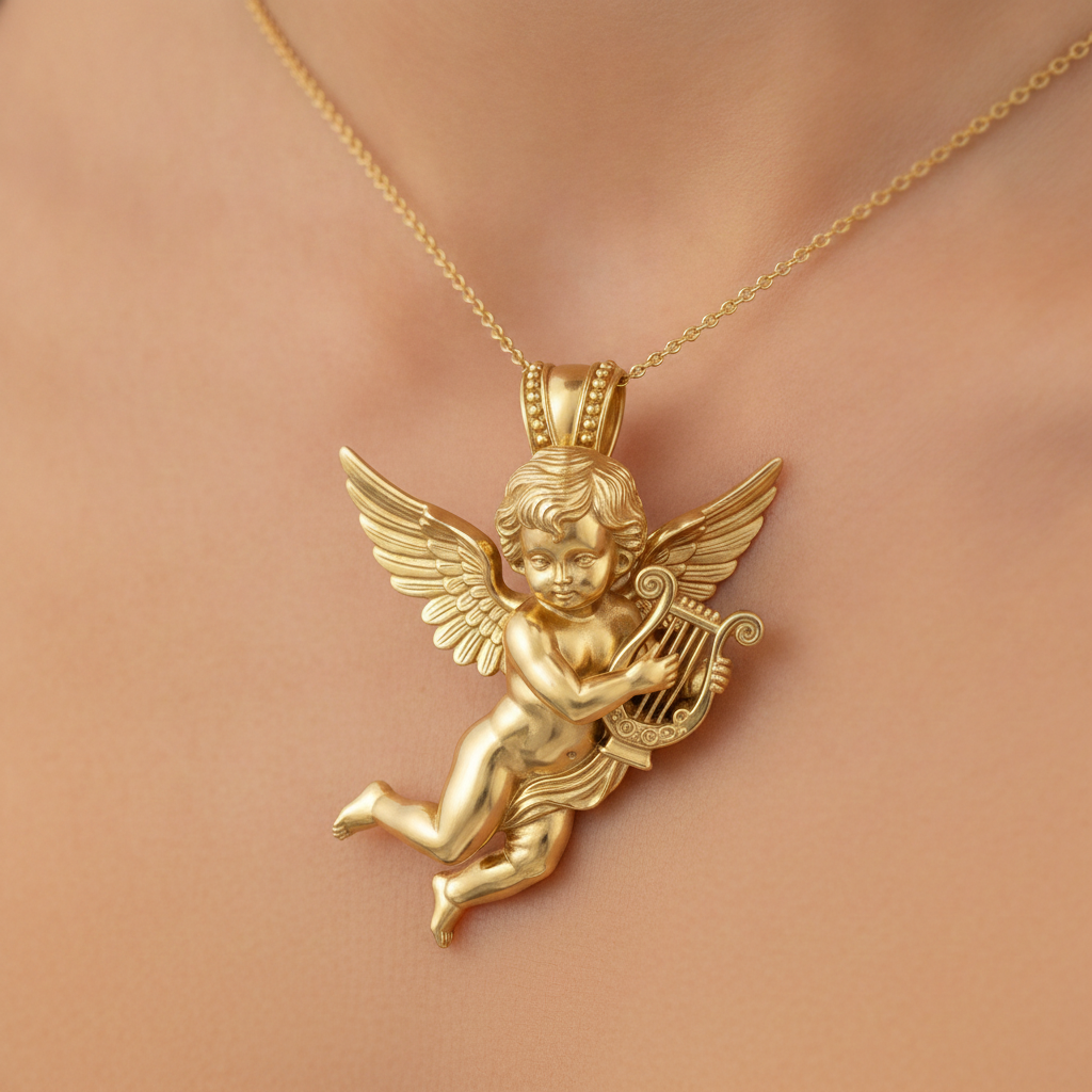 Golden Cherub Harp Pendant Necklace, Guardian Angel Jewelry, 9K Gold Angel Pendant, Sterling Silver Cherub Necklace, Religious Gift