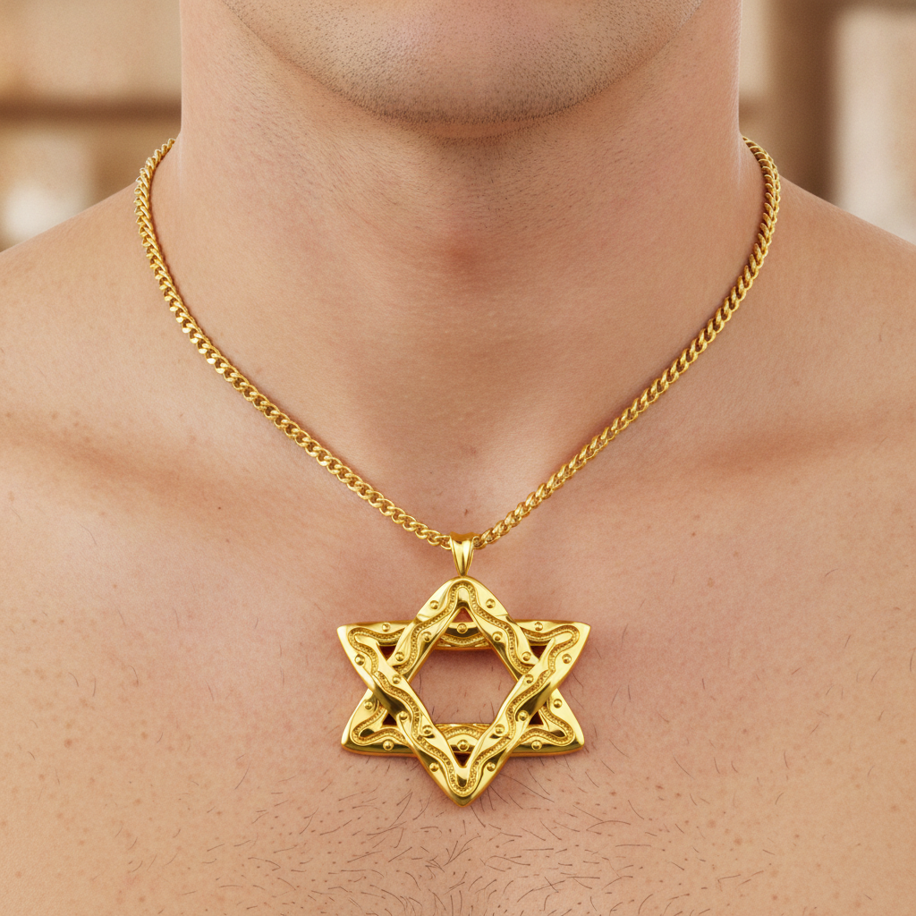 Interwoven Star of David Pendant Necklace in polished yellow brass by MokshaGoldSculptures on a person's bare chest.
