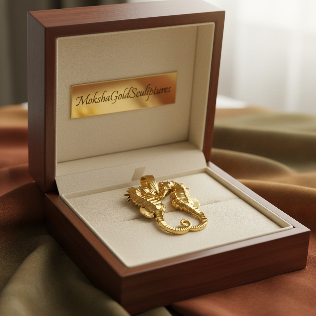 The Seahorse Couple Pendant Necklace in gold, silver, and brass by MokshaGoldSculptures displayed in a satin-lined box.