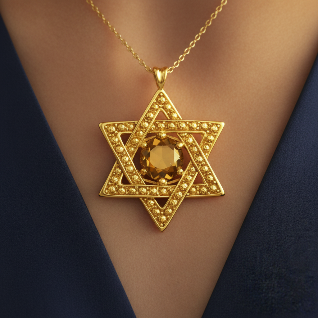 Star of David Pendant Necklace in 18K gold by MokshaGoldSculptures on delicate chain against dark blue V-neck garment.