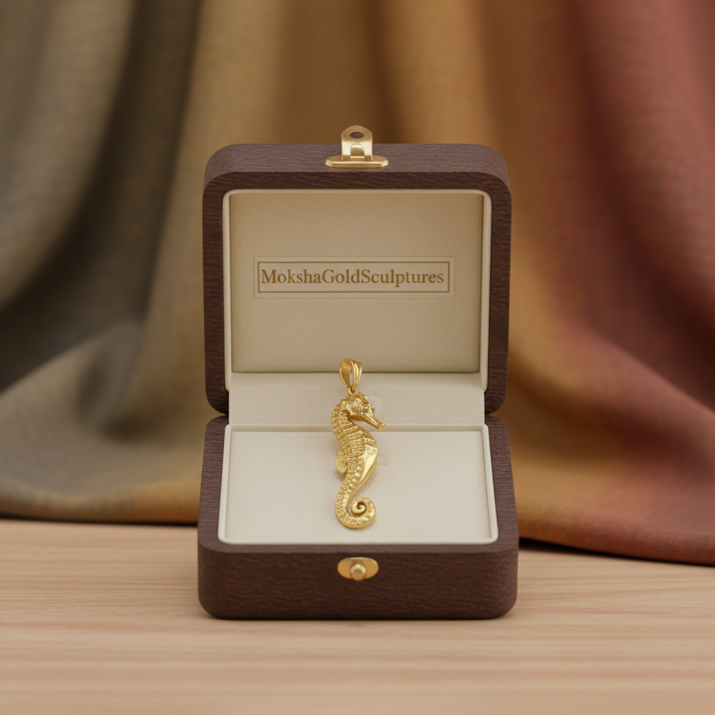 The Seahorse Pendant Necklace in gold, silver, and brass by MokshaGoldSculptures shown in an open brown jewelry box.