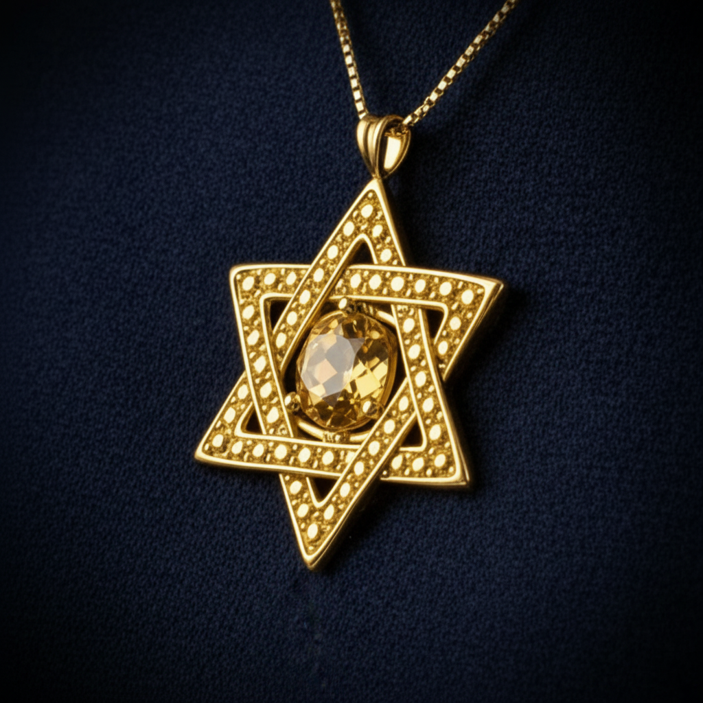 Star of David Pendant Necklace in 18K gold by MokshaGoldSculptures, hexagram design on dark blue fabric background.