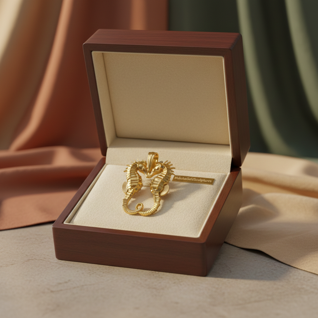 The Seahorse Couple Pendant Necklace in gold by MokshaGoldSculptures, in a wood box with cream lining.