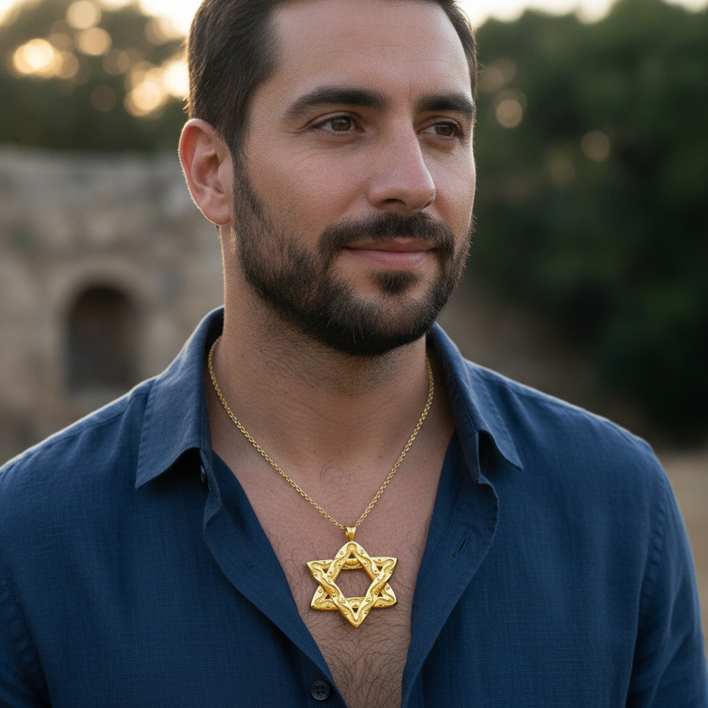 Interwoven Star of David Pendant Necklace in polished yellow brass by MokshaGoldSculptures worn by a man outdoors.