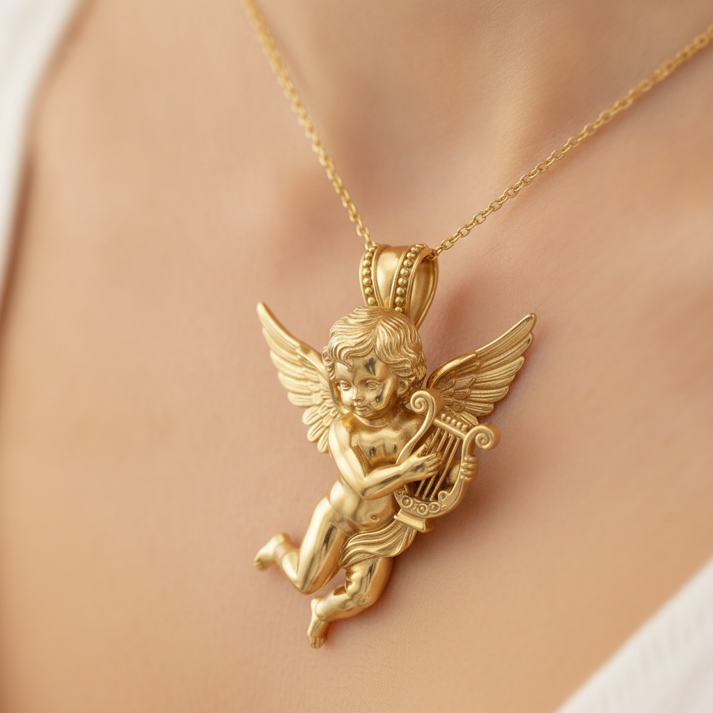 Golden Cherub Harp Pendant Necklace, Guardian Angel Jewelry, 9K Gold Angel Pendant, Sterling Silver Cherub Necklace, Religious Gift