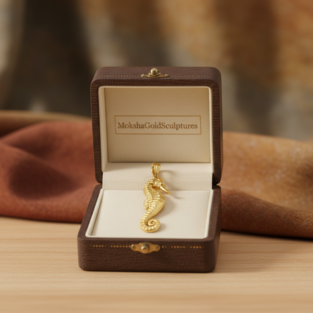 Seahorse Pendant Necklace in gold finish by MokshaGoldSculptures, displayed in branded box on wood with fabric.