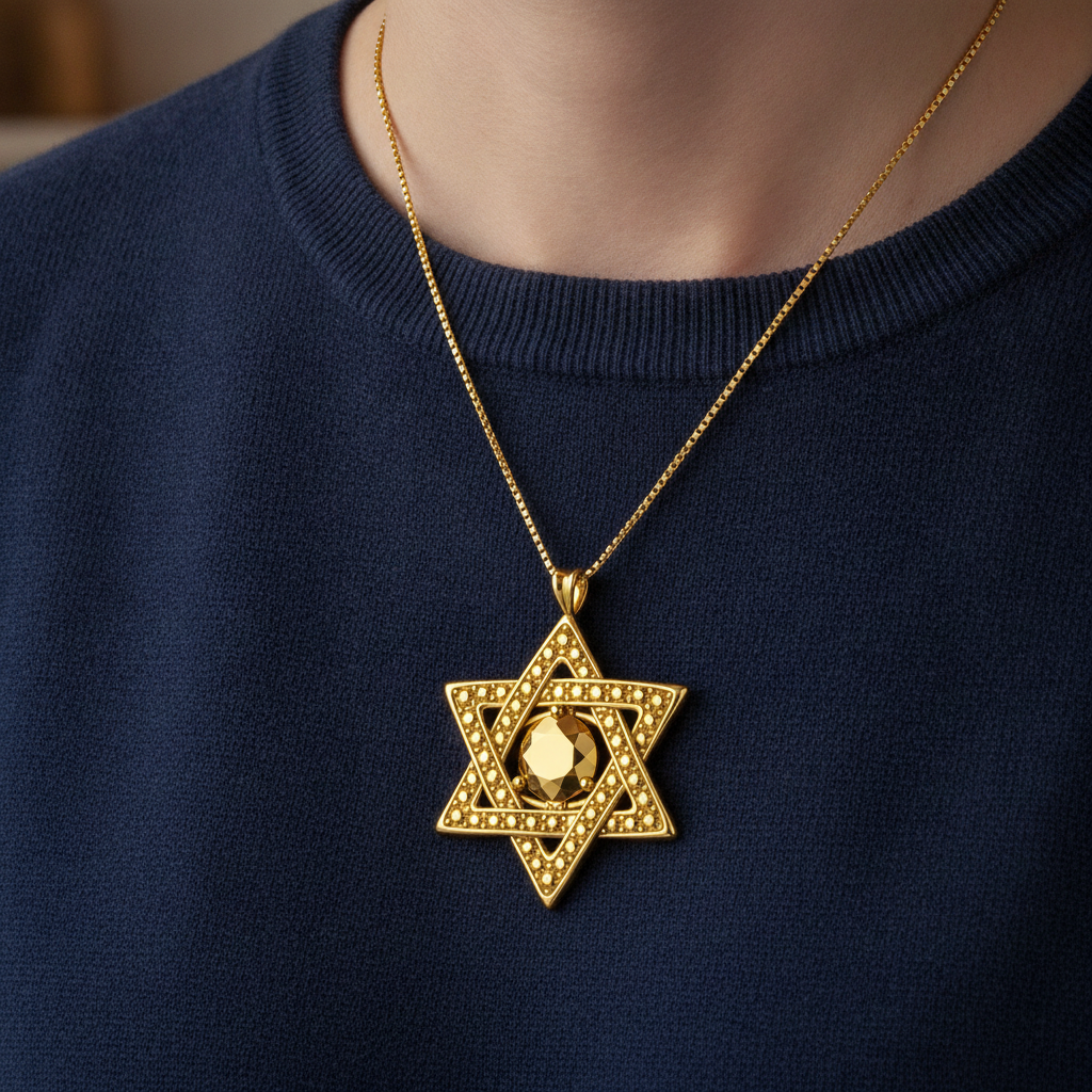 Star of David Pendant Necklace in 18K gold polished finish by MokshaGoldSculptures, worn with a navy blue top.