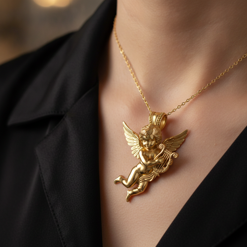 Golden Cherub Harp Pendant Necklace, Guardian Angel Jewelry, 9K Gold Angel Pendant, Sterling Silver Cherub Necklace, Religious Gift