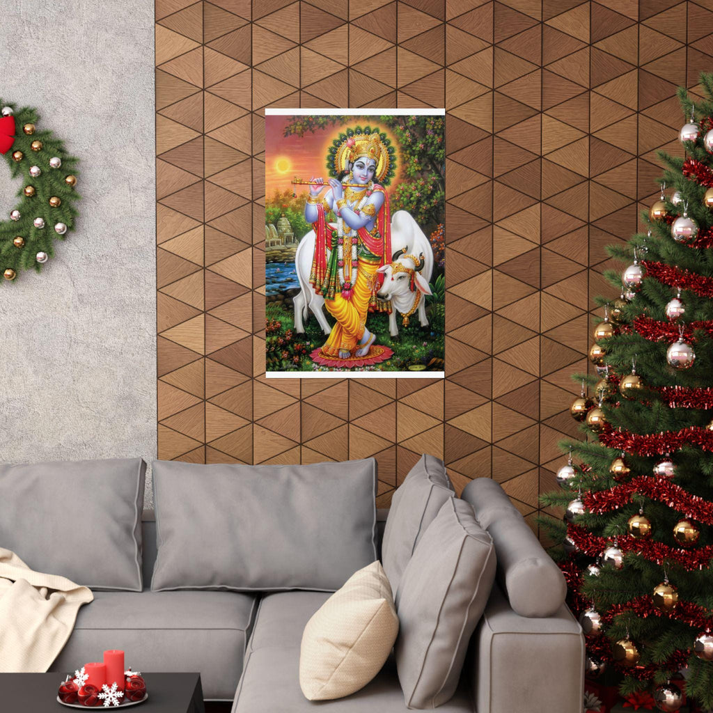 Krishna Playing Flute Matte Vertical Poster | Hindu Devotional Wall Art