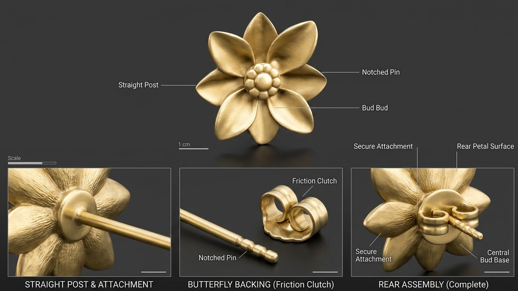 Polished Brass Flower Stud Earrings in a high polish finish by MokshaGoldSculptures, handmade and nature-inspired.