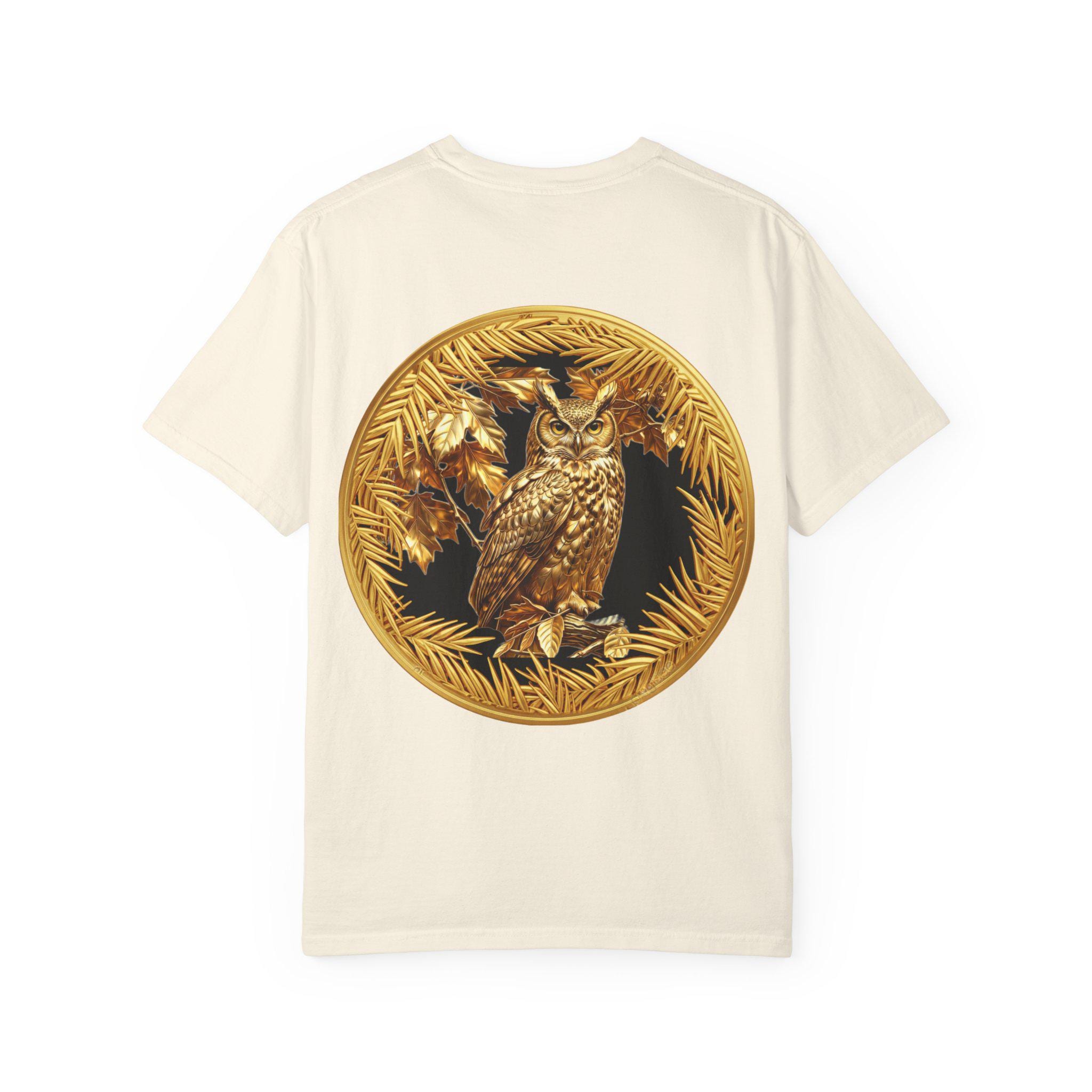 Eared Owl Gold Print T-Shirt Exotic Wildlife Night Scene with Majestic Owl Design