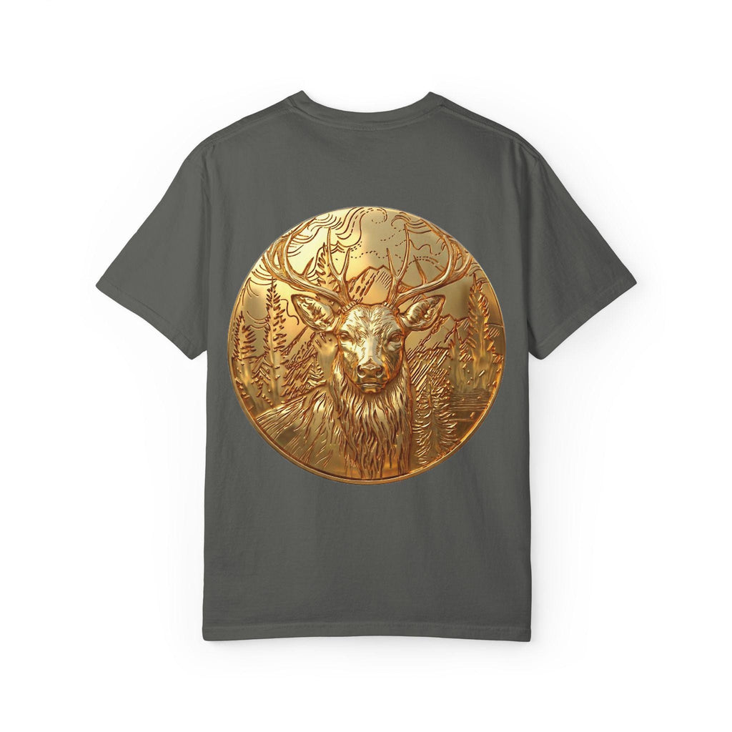 The Deer Portrait jewelry in gold-tone finish by MokshaGoldSculptures, stag and pine design.