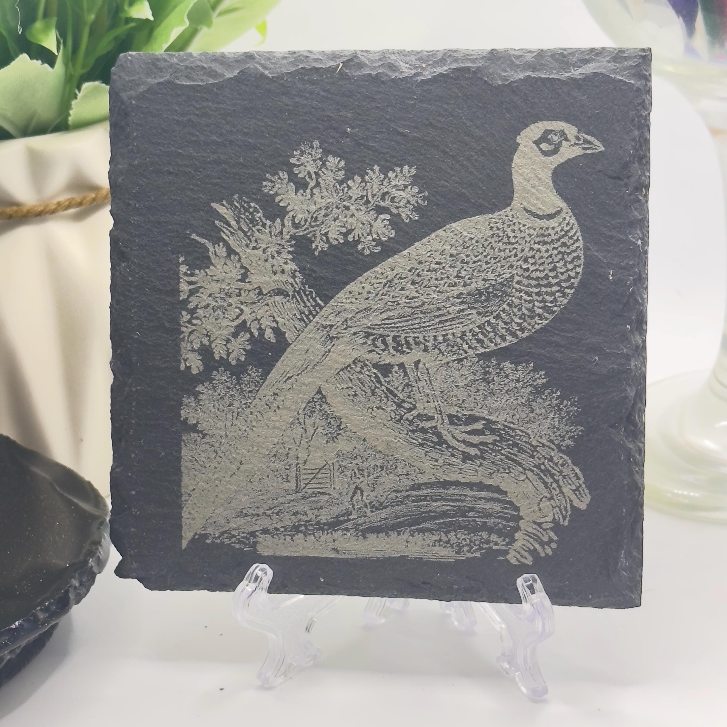 Pheasant Slate Coaster Engraved Natural Stone Epoxy Resin Finish