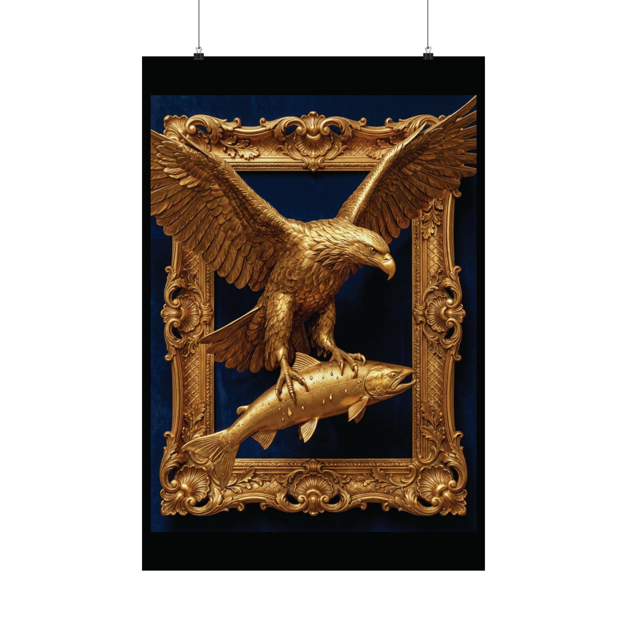 Gold Bald Eagle Salmon Wall Art, Luxury Wildlife Poster
