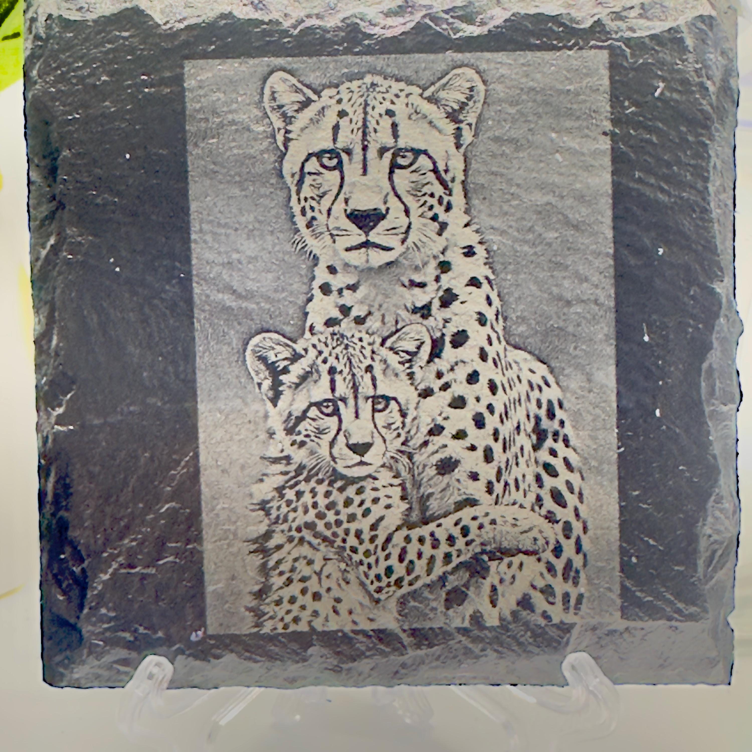 Cheetah Cub Hugging Mother Slate Coaster | Wildlife Animal Love Coaster | Natural Slate Gift for Animal Lovers