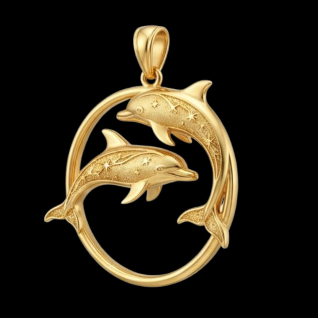 The Dolphin Pendant in gold or sterling silver by MokshaGoldSculptures, dolphins swimming in a circle with star accents.
