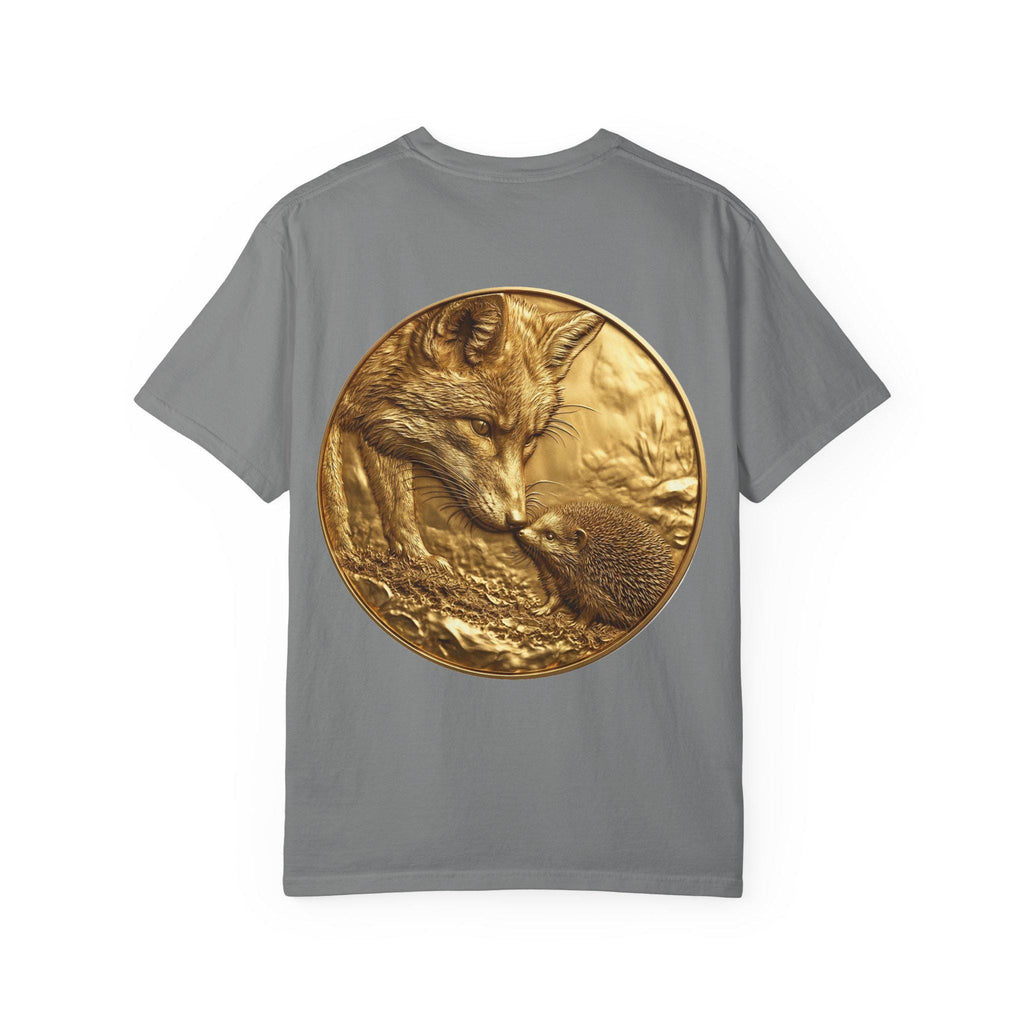 Golden Fox and Hedgehog T-Shirt  Curious Wildlife Scene in Luxury Gold Print Design