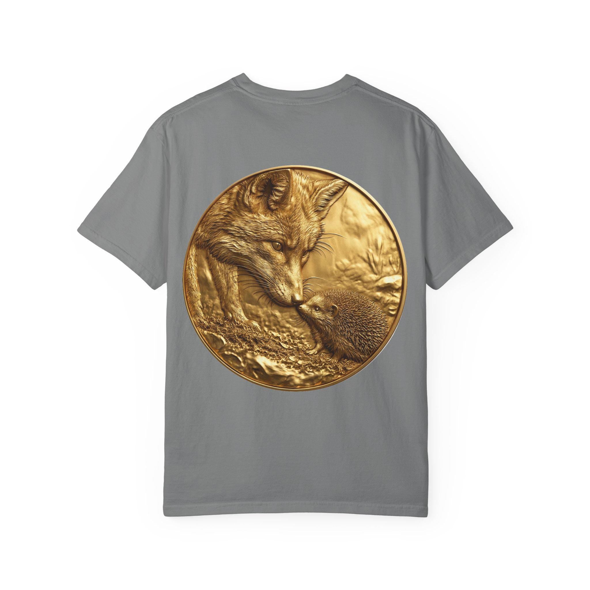 Golden Fox and Hedgehog T-Shirt  Curious Wildlife Scene in Luxury Gold Print Design
