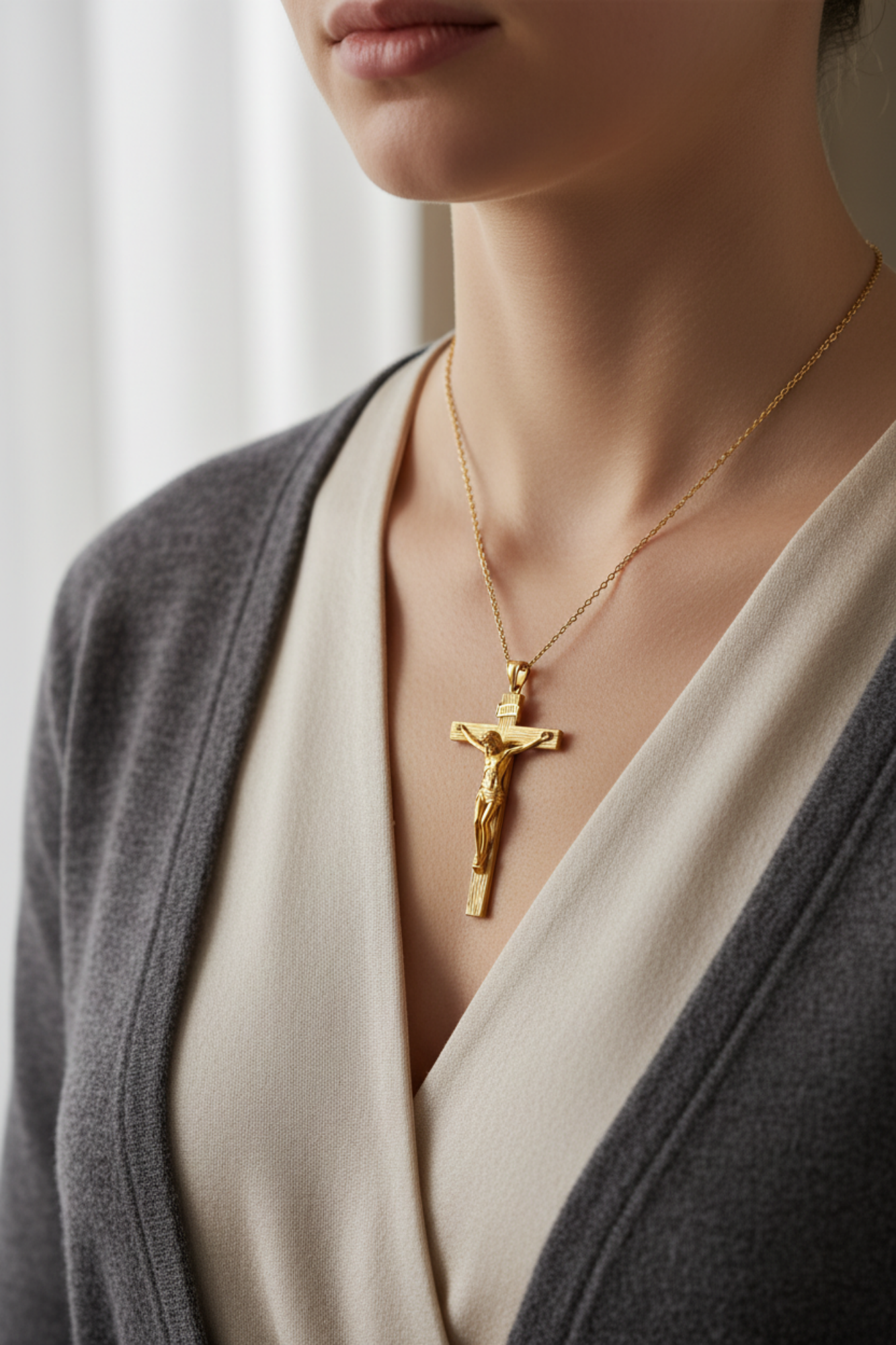 Crucifix Pendant – Detailed Jesus Cross in polished silver or brass by MokshaGoldSculptures, worn by a woman in soft light.