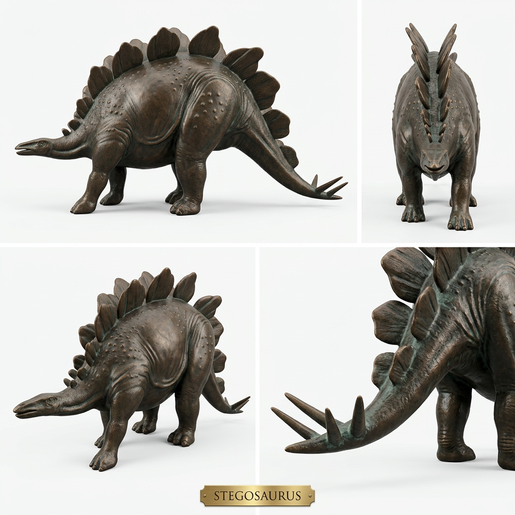 Stegosaurus model by MokshaGoldSculptures in smooth PLA & nylon finish, shown in four views; STEGOSAURUS label below.