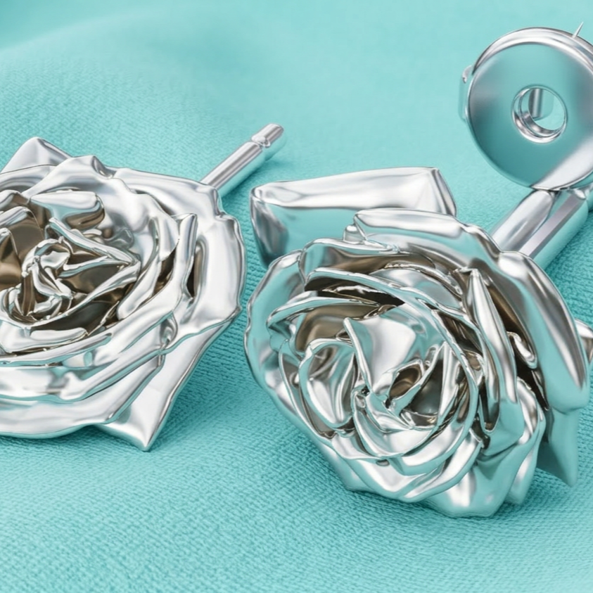 Rose Stud Earrings in gold finish (14mm) by MokshaGoldSculptures, sculpted floral studs on light blue fabric.