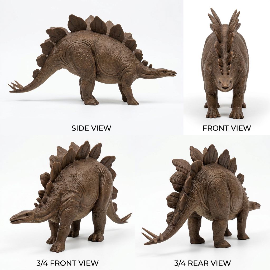 Stegosaurus dinosaur model 3D printed in smooth nylon by MokshaGoldSculptures, shown in four angles.