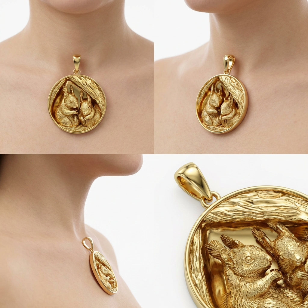 Squirrel Pair Tree Nest Pendant – Gold, Silver & Brass Jewelry, Wildlife Animal Charm, Nature Inspired Collectible