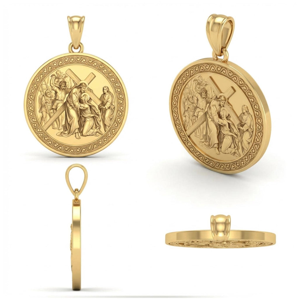 Jesus Carrying the Cross Pendant with Crowd – Christ Blessing a Kneeling Woman, Gold & Silver Religious Jewelry