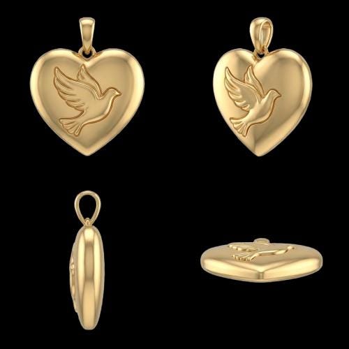 Heart Dove Pendant – Engraved Sterling Silver or Gold Necklace