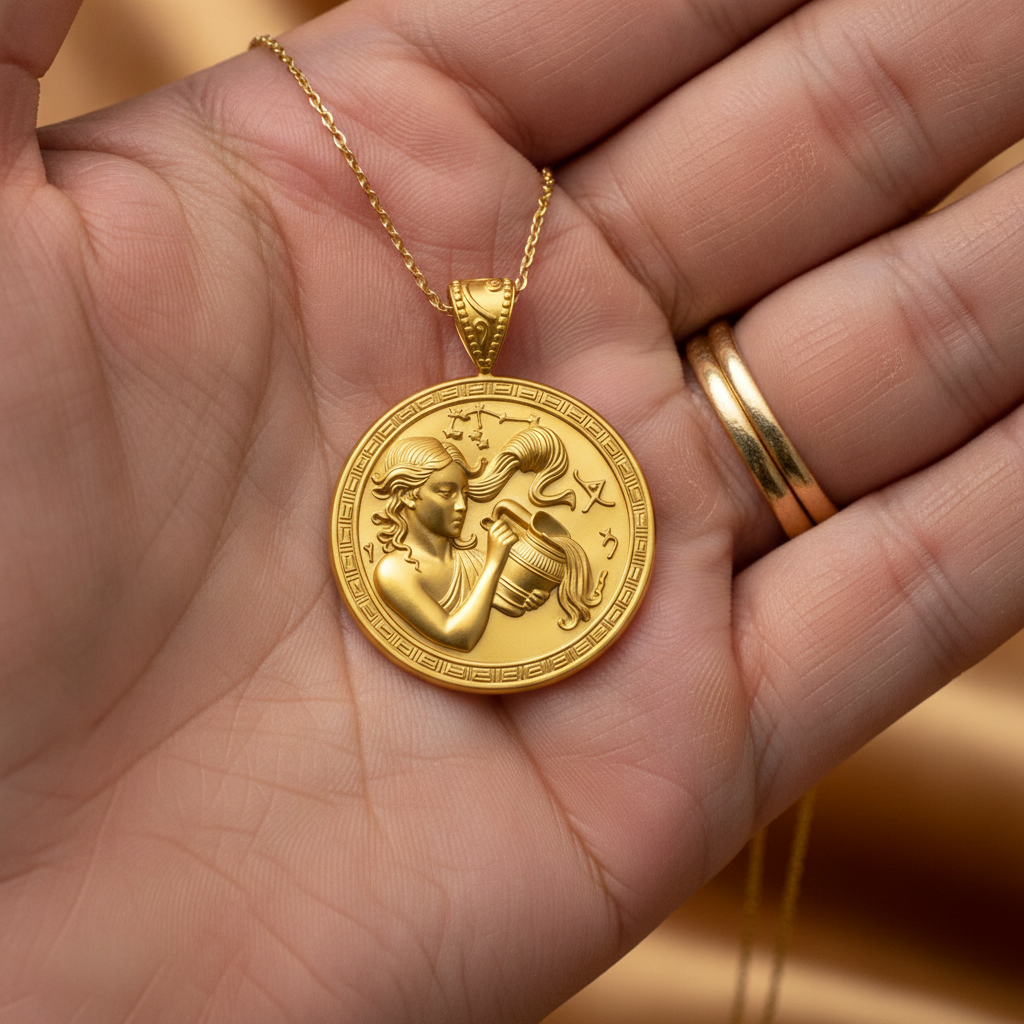 Aquarius Zodiac Medallion Necklace, 25mm Water Bearer Pendant, Greek Astrology Coin Necklace, 9K Gold, Sterling Silver or Yellow Brass, Zodiac Birthday Gift