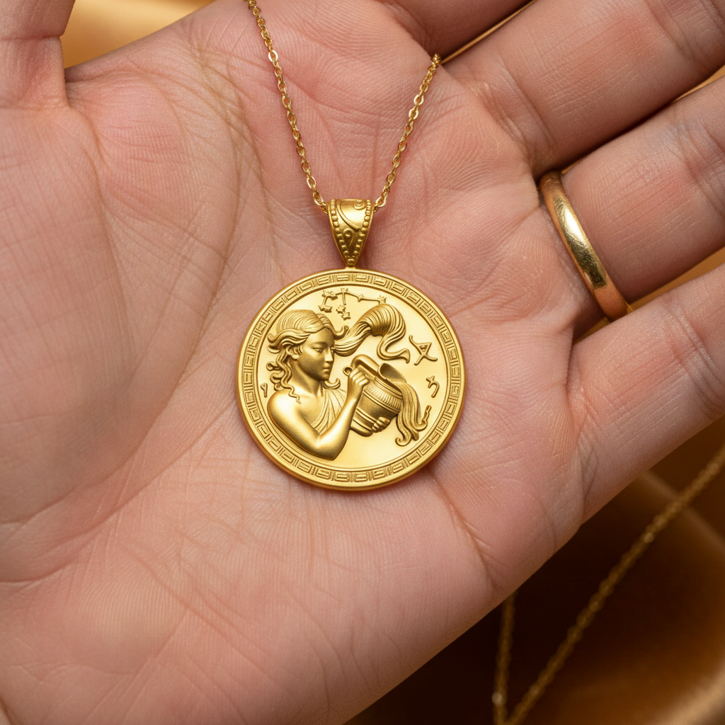Aquarius Zodiac Medallion Necklace, 25mm Water Bearer Pendant, Greek Astrology Coin Necklace, 9K Gold, Sterling Silver or Yellow Brass, Zodiac Birthday Gift